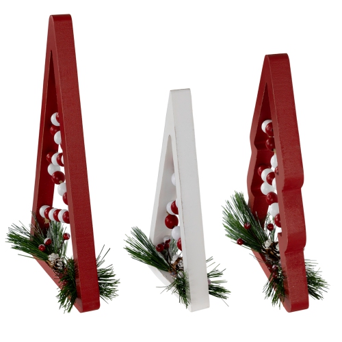 Wooden Trees with Beads Christmas Decorations - 11.75" - Red and White - Set of 3