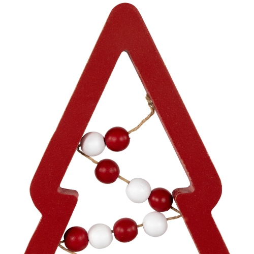 Wooden Trees with Beads Christmas Decorations - 11.75" - Red and White - Set of 3