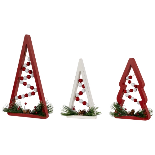 Wooden Trees with Beads Christmas Decorations - 11.75" - Red and White - Set of 3