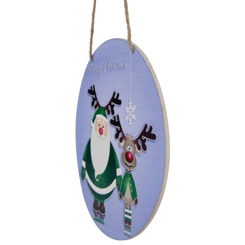Santa and Reindeer "Merry Christmas" Disc Ornament - 8" - Blue and Green
