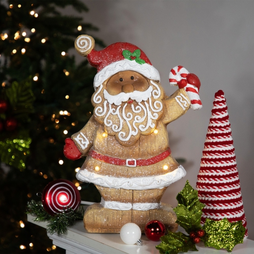 LED Lighted Gingerbread Santa with Candy Cane Christmas Figure - 15"