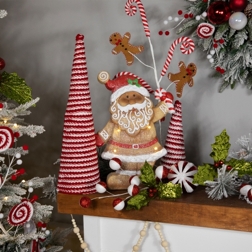 LED Lighted Gingerbread Santa with Candy Cane Christmas Figure - 15"