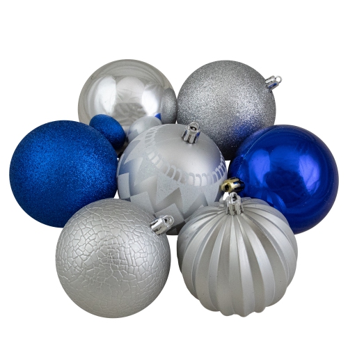 Shatterproof 3-Finish Christmas Ball and Finial Ornaments - Blue and Silver - 75ct