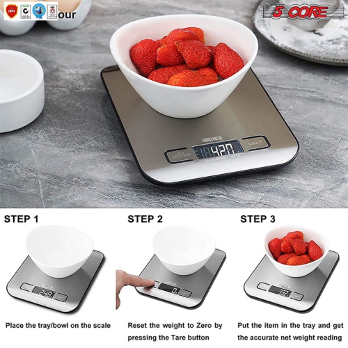 5 Core Food Scale Digital Kitchen Scale 11Lb Silver / 5KG Food Scale with LCD Display
