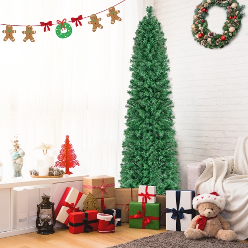 Topbuy 5/6/7/8 FT Fiber Optic Artificial Christmas Tree Prelit Pencil Christmas Tree with 361/517/697/889 Branch Tips Foldable Metal Stand