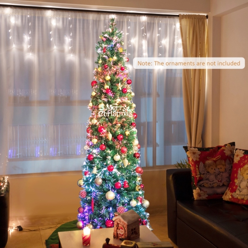 Topbuy 5/6/7/8 FT Fiber Optic Artificial Christmas Tree Prelit Pencil Christmas Tree with 361/517/697/889 Branch Tips Foldable Metal Stand