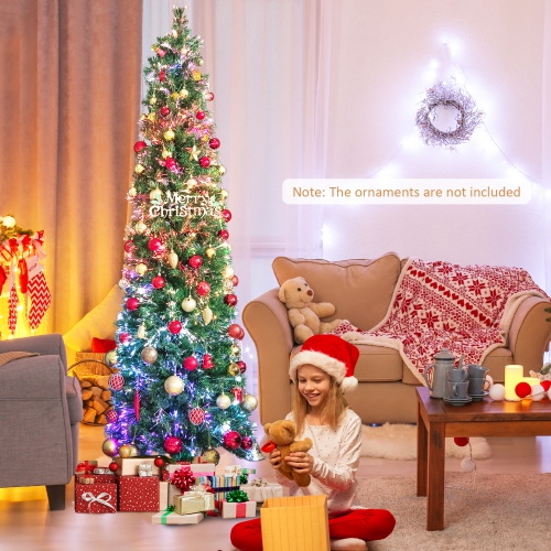 Topbuy 5/6/7/8 FT Fiber Optic Artificial Christmas Tree Prelit Pencil Christmas Tree with 361/517/697/889 Branch Tips Foldable Metal Stand