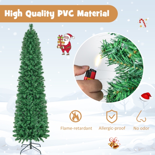 Topbuy 5/6/7/8 FT Fiber Optic Artificial Christmas Tree Prelit Pencil Christmas Tree with 361/517/697/889 Branch Tips Foldable Metal Stand