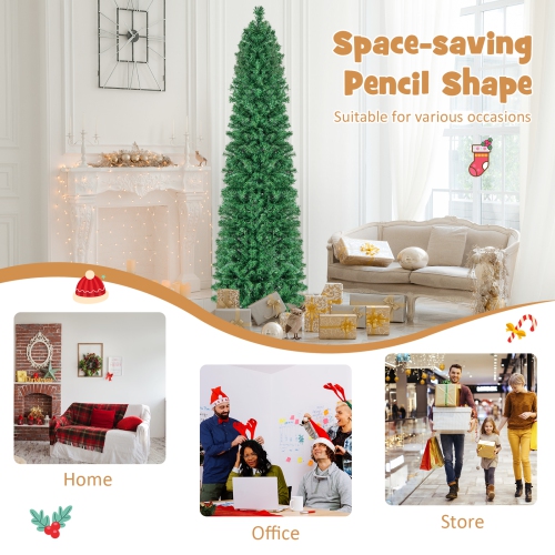 Topbuy 5/6/7/8 FT Fiber Optic Artificial Christmas Tree Prelit Pencil Christmas Tree with 361/517/697/889 Branch Tips Foldable Metal Stand