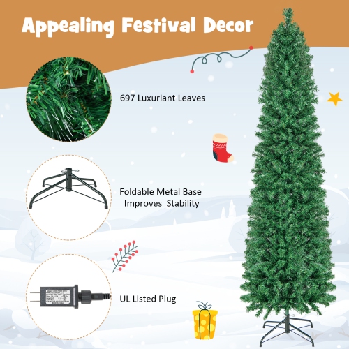 Topbuy 5/6/7/8 FT Fiber Optic Artificial Christmas Tree Prelit Pencil Christmas Tree with 361/517/697/889 Branch Tips Foldable Metal Stand