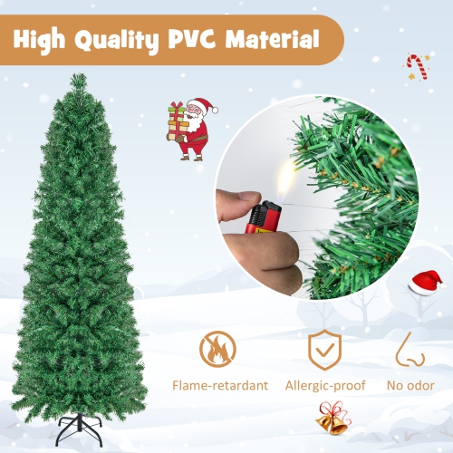Topbuy 5/6/7/8 FT Fiber Optic Artificial Christmas Tree Prelit Pencil Christmas Tree with 361/517/697/889 Branch Tips Foldable Metal Stand