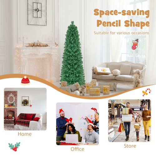 Topbuy 5/6/7/8 FT Fiber Optic Artificial Christmas Tree Prelit Pencil Christmas Tree with 361/517/697/889 Branch Tips Foldable Metal Stand