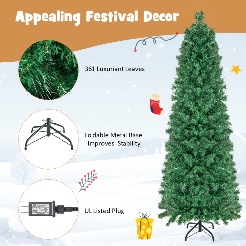 Topbuy 5/6/7/8 FT Fiber Optic Artificial Christmas Tree Prelit Pencil Christmas Tree with 361/517/697/889 Branch Tips Foldable Metal Stand