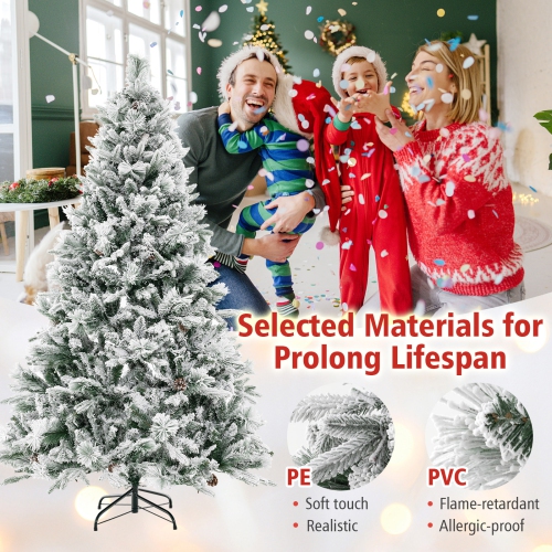 Topbuy 4.5/6/7 FT Pre-lit Artificial Christmas Tree, Snow-flocked Xmas Tree with 160/240/320 Multi-color LED Lights, 8 Lighting Modes
