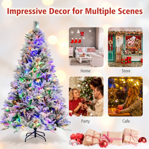 Topbuy 4.5/6/7 FT Pre-lit Artificial Christmas Tree, Snow-flocked Xmas Tree with 160/240/320 Multi-color LED Lights, 8 Lighting Modes