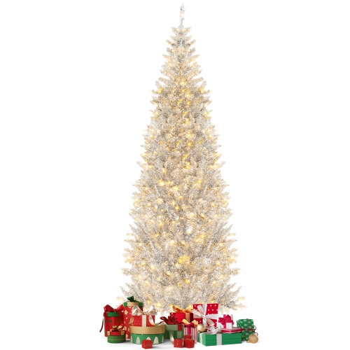 TOPBUY  6/7 Ft Pre-Lit Artificial Christmas Tree Hinged Xmas Pencil Tree With 790/1030 Branch Tips 300/400 Warm Led Lights In White
