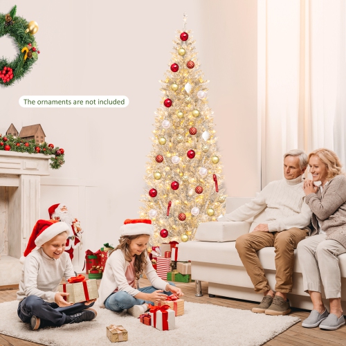 Topbuy 6/7 FT Pre-lit Artificial Christmas Tree Hinged Xmas Pencil Tree with 790/1030 Branch Tips 300/400 Warm White LED Lights