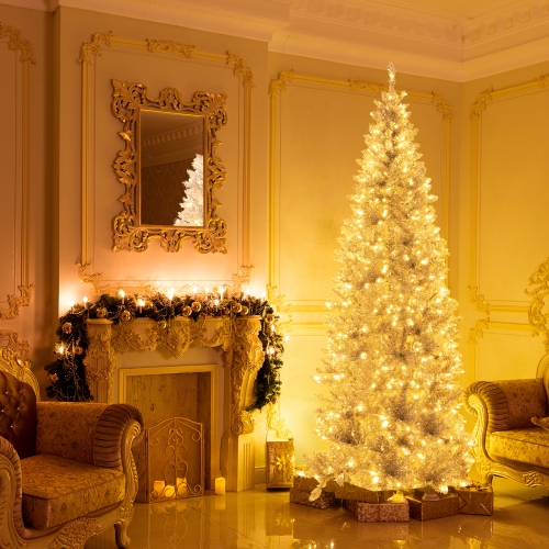 Topbuy 6/7 FT Pre-lit Artificial Christmas Tree Hinged Xmas Pencil Tree with 790/1030 Branch Tips 300/400 Warm White LED Lights