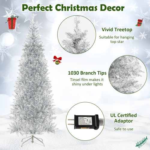 Topbuy 6/7 FT Pre-lit Artificial Christmas Tree Hinged Xmas Pencil Tree with 790/1030 Branch Tips 300/400 Warm White LED Lights