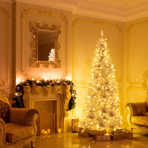 Topbuy 6/7 FT Pre-lit Artificial Christmas Tree Hinged Xmas Pencil Tree with 790/1030 Branch Tips 300/400 Warm White LED Lights