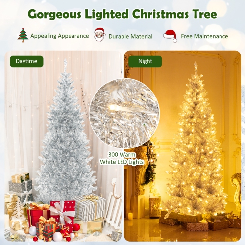Topbuy 6/7 FT Pre-lit Artificial Christmas Tree Hinged Xmas Pencil Tree with 790/1030 Branch Tips 300/400 Warm White LED Lights