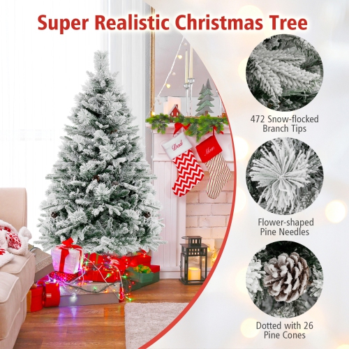 Topbuy 4.5/6/7 FT Pre-lit Artificial Christmas Tree, Snow-flocked Xmas Tree with 160/240/320 Multi-color LED Lights, 8 Lighting Modes