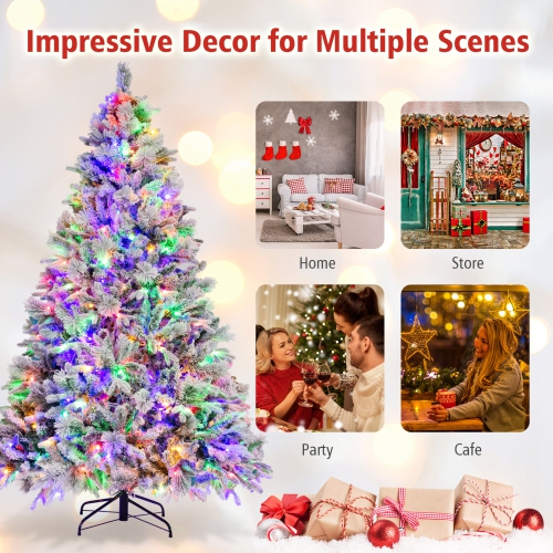 Topbuy 4.5/6/7 FT Pre-lit Artificial Christmas Tree, Snow-flocked Xmas Tree with 160/240/320 Multi-color LED Lights, 8 Lighting Modes