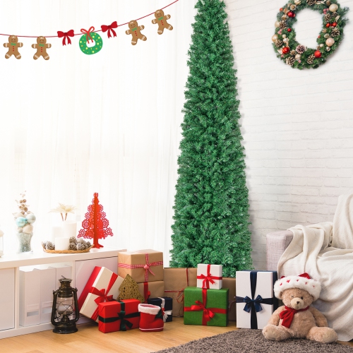 Topbuy 5/6/7/8 FT Fiber Optic Artificial Christmas Tree Prelit Pencil Christmas Tree with 361/517/697/889 Branch Tips Foldable Metal Stand