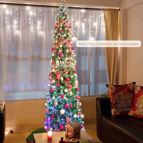 Topbuy 5/6/7/8 FT Fiber Optic Artificial Christmas Tree Prelit Pencil Christmas Tree with 361/517/697/889 Branch Tips Foldable Metal Stand