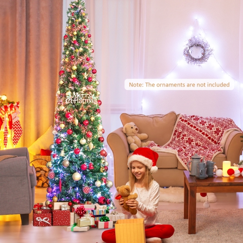 Topbuy 5/6/7/8 FT Fiber Optic Artificial Christmas Tree Prelit Pencil Christmas Tree with 361/517/697/889 Branch Tips Foldable Metal Stand