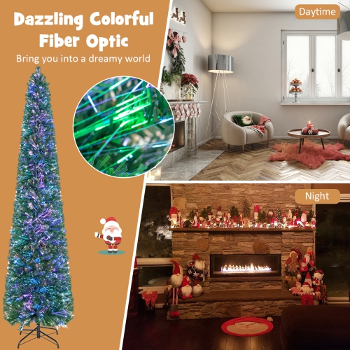 Topbuy 5/6/7/8 FT Fiber Optic Artificial Christmas Tree Prelit Pencil Christmas Tree with 361/517/697/889 Branch Tips Foldable Metal Stand