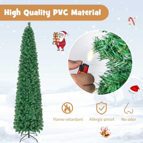 Topbuy 5/6/7/8 FT Fiber Optic Artificial Christmas Tree Prelit Pencil Christmas Tree with 361/517/697/889 Branch Tips Foldable Metal Stand