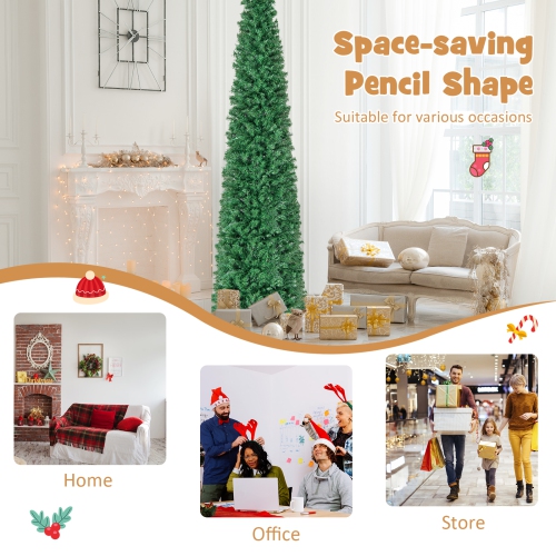 Topbuy 5/6/7/8 FT Fiber Optic Artificial Christmas Tree Prelit Pencil Christmas Tree with 361/517/697/889 Branch Tips Foldable Metal Stand