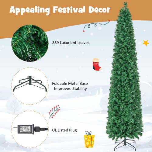 Topbuy 5/6/7/8 FT Fiber Optic Artificial Christmas Tree Prelit Pencil Christmas Tree with 361/517/697/889 Branch Tips Foldable Metal Stand