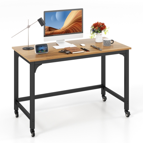 Topbuy 48" Rolling Computer Desk Mobile Study Writing Desk with Metal Frame Movable Home Office Desk Natural/Black