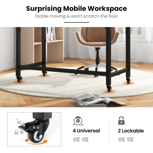 Topbuy 48" Rolling Computer Desk Mobile Study Writing Desk with Metal Frame Movable Home Office Desk Natural/Black