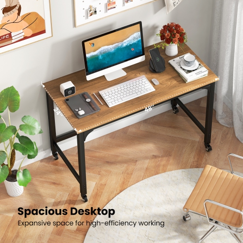 Topbuy 48" Rolling Computer Desk Mobile Study Writing Desk with Metal Frame Movable Home Office Desk Natural/Black