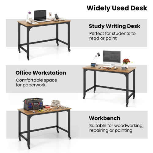 Topbuy 48" Rolling Computer Desk Mobile Study Writing Desk with Metal Frame Movable Home Office Desk Natural/Black