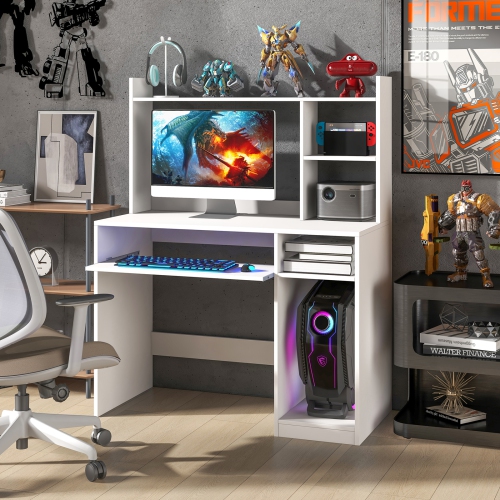 Topbuy Computer Desk w/ Charging Station 43.5" Gaming Table Workstation w/ Keyboard Tray CPU Stand & Storage Shelves White/Black