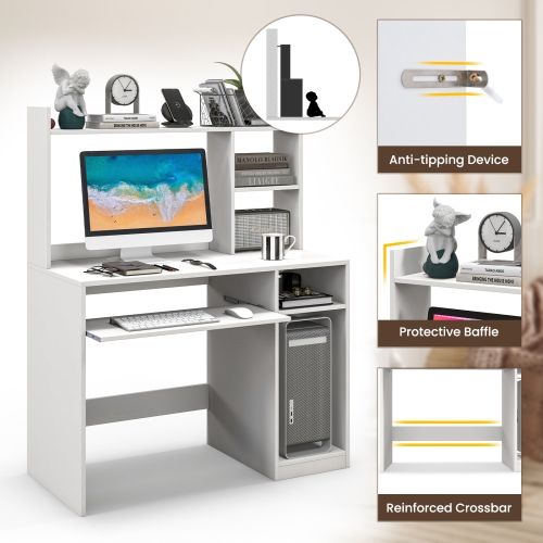 Topbuy Computer Desk w/ Charging Station 43.5" Gaming Table Workstation w/ Keyboard Tray CPU Stand & Storage Shelves White/Black