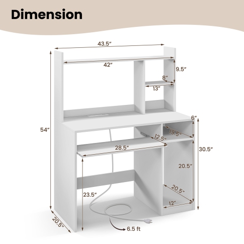 Topbuy Computer Desk w/ Charging Station 43.5" Gaming Table Workstation w/ Keyboard Tray CPU Stand & Storage Shelves White/Black