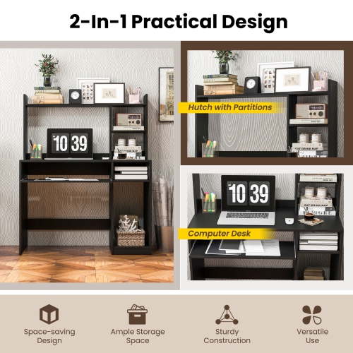 Topbuy Computer Desk w/ Charging Station 43.5" Gaming Table Workstation w/ Keyboard Tray CPU Stand & Storage Shelves White/Black