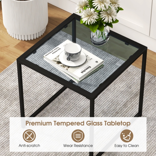 Topbuy 17" Tempered Glass Top Side Table Indoor Outdoor Small End Table w/ Metal Frame Space-saving Square Coffee Table