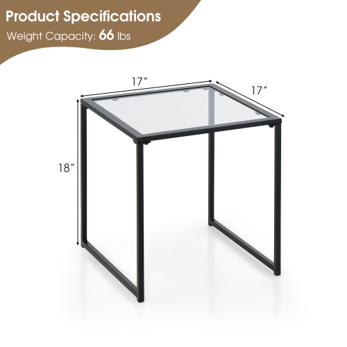 Topbuy 17" Tempered Glass Top Side Table Indoor Outdoor Small End Table w/ Metal Frame Space-saving Square Coffee Table