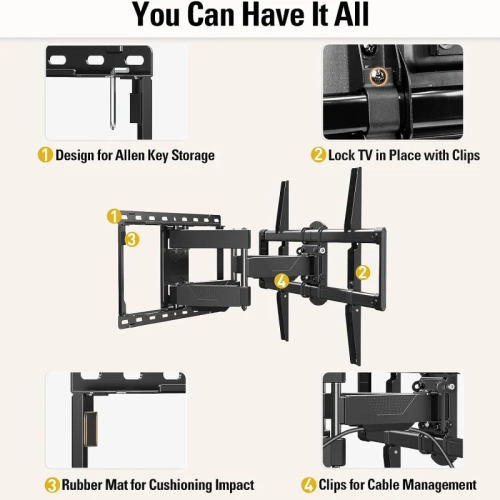 Full Motion TV Wall Mount for 42-82" Flat Screen TVs - Dual Swivel Articulating Arms, Perfect Center Design - VESA 600x400mm, 100 lbs Capacity