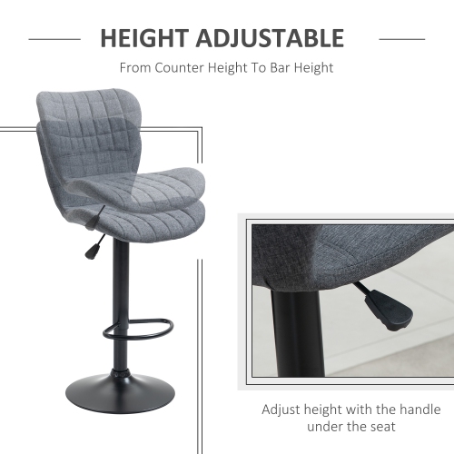 HOMCOM Bar Stools Set of 2, Adjustable Height Swivel Bar Chairs, Linen-feel Fabric Upholstered Kitchen Counter Stools with Wide Seat, Back and