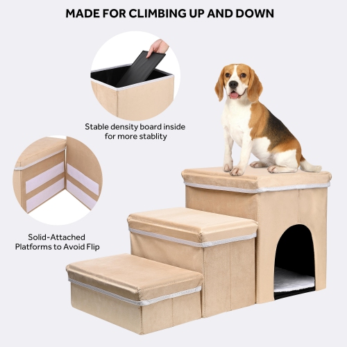 LIVINGbasics Dog Step Stairs Cat Ladder for Bed, Pet Step for Small Dogs and Cats with Toy Storage