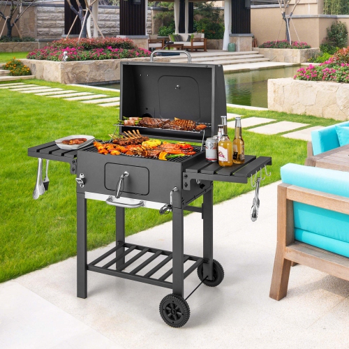 Costway Outdoor Charcoal Grill 391 sq.in. Cooking Area 2 Foldable Side Table BBQ Camping
