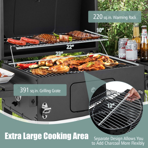 Costway Outdoor Charcoal Grill 391 sq.in. Cooking Area 2 Foldable Side Table BBQ Camping