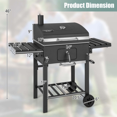Costway Outdoor Charcoal Grill 391 sq.in. Cooking Area 2 Foldable Side Table BBQ Camping